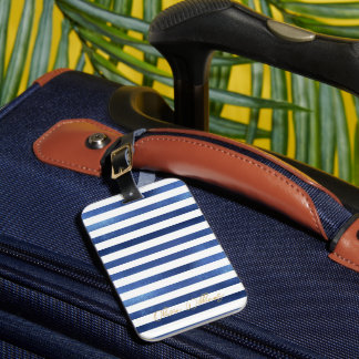 Etiqueta De Bagagem Navy Blue & White Stripes Coastal Nautical Design