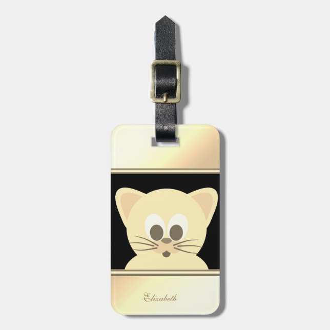 Etiqueta De Bagagem Negra Menino Moderno, Gatinho Dourado - Personaliz (Frente Vertical)