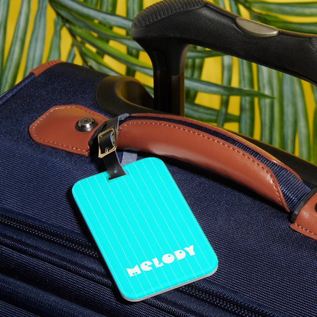 Etiqueta De Bagagem Neon Cyan White Thin Vertical Strike Name (Frente Insitu 1)