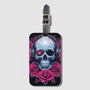 Etiqueta De Bagagem Néon Cyber Death Skull e Rosas Black