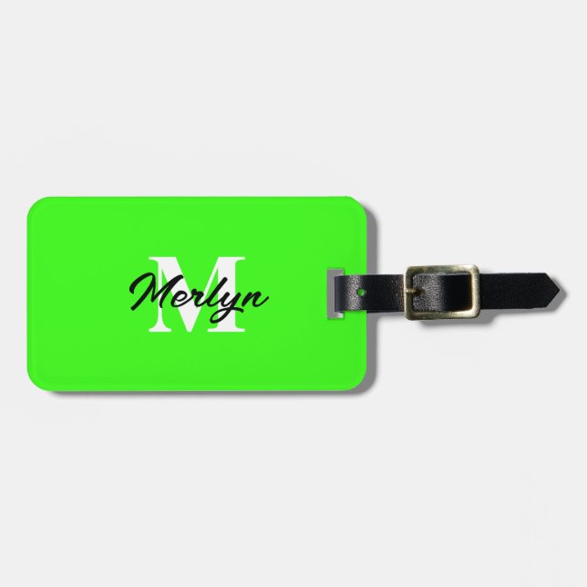 Etiqueta De Bagagem Neon Green Monograma Inicial Nome Personalizado Br (Frente Horizontal)