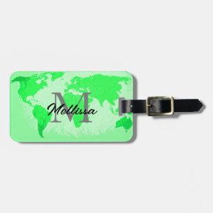 Etiqueta De Bagagem Neon Green World Mapeia Monogramas artísticos viaj