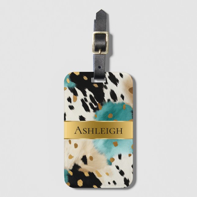 Etiqueta De Bagagem Nome branco Dourado Turquesa preto (Frente Vertical)