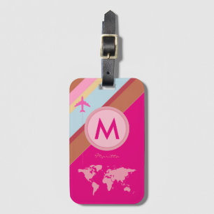 Etiqueta De Bagagem nome cor-de-rosa monograma plano viagem personaliz