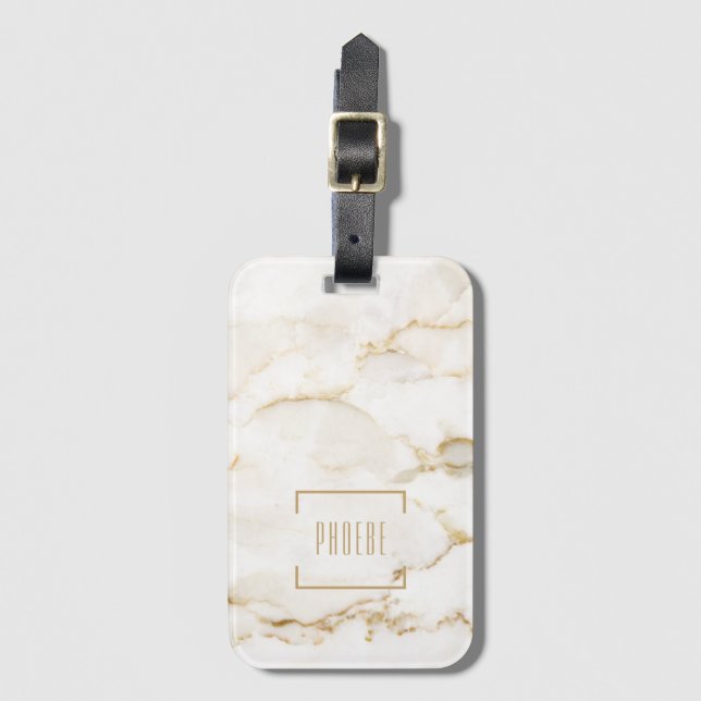 Etiqueta De Bagagem Nome do Marble de Efeito Dourado Personalizado (Frente Vertical)
