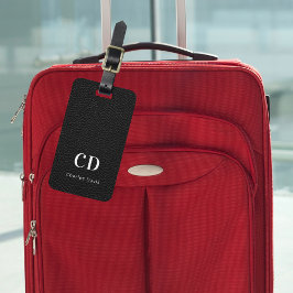 Etiqueta De Bagagem Nome do monograma branco de couro preto