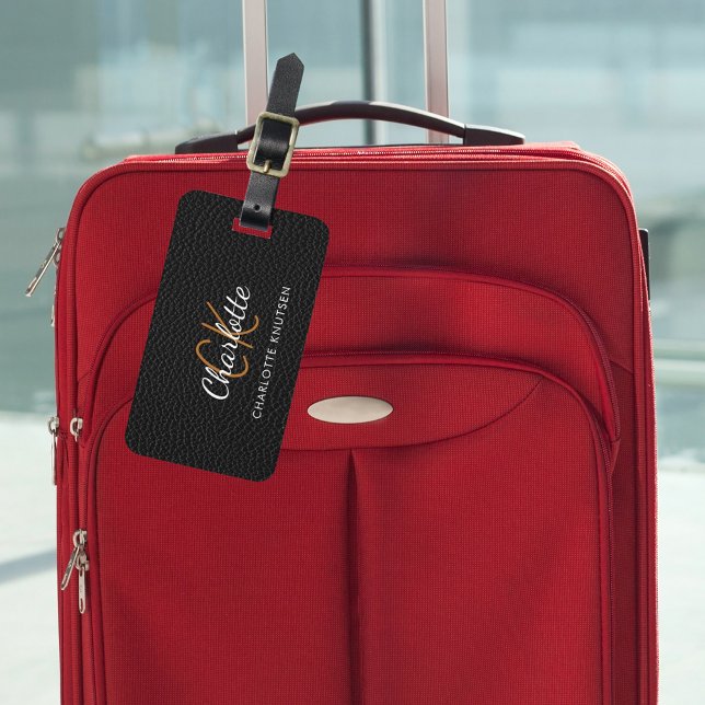 Etiqueta De Bagagem Nome do monograma branco de couro preto (Criador carregado)