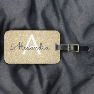 Etiqueta De Bagagem Nome do Monograma da Glitter do Sparkle Dourada
