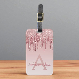 Etiqueta De Bagagem Nome do Monograma da Glitter Glitter Rosa Dourado