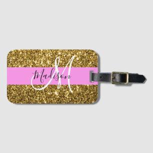 Etiqueta De Bagagem Nome do Monograma de Brilho Rosa e Glitter Sparkle