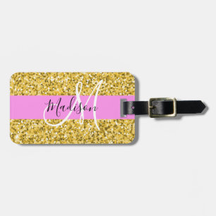 Etiqueta De Bagagem Nome do Monograma de Brilho Rosa e Glitter Sparkle