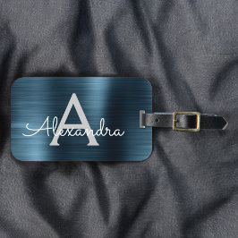 Etiqueta De Bagagem Nome do monograma de metal escovado azul e inicial