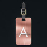 Etiqueta De Bagagem Nome do monograma de metal escovado Dourado com ro<br><div class="desc">Rosa Dourado } Esfregue cor-de-rosa esmagado com folha metálica Nome do monograma e Etiqueta de bagagem inicial. Esta etiqueta de mala é perfeita para Voltar à escola,  ao trabalho ou à viagem.</div>