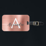 Etiqueta De Bagagem Nome do monograma de metal escovado Dourado com ro<br><div class="desc">Rosa Dourado - Nome do Monograma e Etiqueta de Bagagem Inicial,  Pincéis-Leves Pincelados. Esta etiqueta de mala é perfeita para Voltar à escola,  ao trabalho ou à viagem.</div>