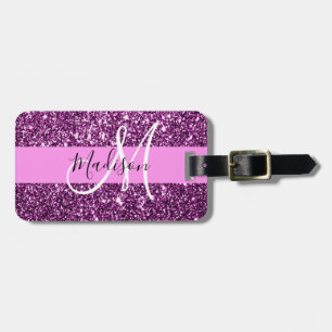 Etiqueta De Bagagem Nome do Monograma do Glam Pink & Purple Glitter Sp