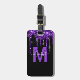 Etiqueta De Bagagem Nome do Monograma do Glitter de Disposição Roxo 