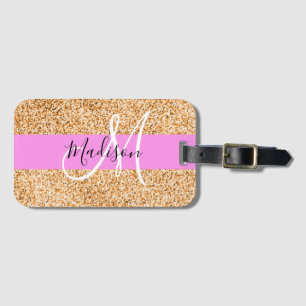 Etiqueta De Bagagem Nome do Monograma do Glitter Pink e Glitter de Cob