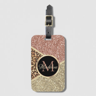 Etiqueta De Bagagem Nome do Monograma do Leopard Glitter Dourado Rosa