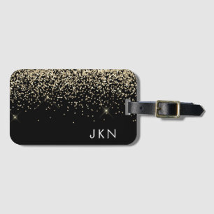 Etiqueta De Bagagem Nome do Monograma do Sparkle Glitter Negro Dourado