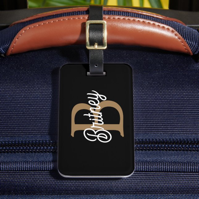Etiqueta De Bagagem Nome do Monograma Elegante Moderno Script Dourado  (Frente Insitu 2)