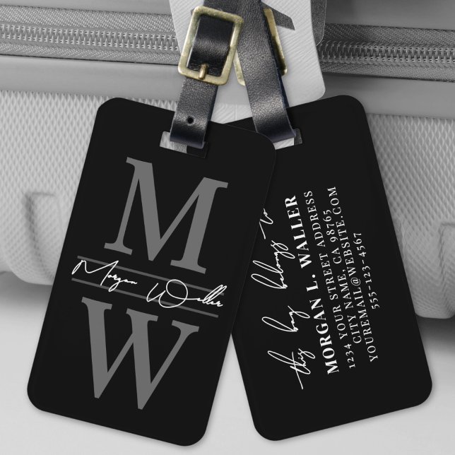 Etiqueta De Bagagem Nome do Monograma Elegante Preto (Black Elegant Monogram Name Luggage Tag )