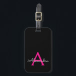 Etiqueta De Bagagem Nome do Monograma Girly Black Script Hot-Pink<br><div class="desc">Monograma Rosa Quente e Preto Adicione seu próprio Travesseiro de Assinatura de Script de Nome. A etiqueta de mala faz o doce doce presente de 16 anos,  casamento,  chá de panela,  chá de fraldas ou festa de solteira para alguém que ama um estilo elegante e moderno.</div>