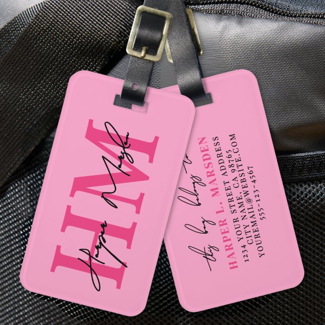 Etiqueta De Bagagem Nome do Monograma Girly Rosa Quente (Hot Pink Girly Monogram Name Luggage Tag)