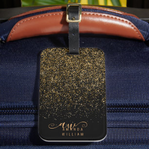 Etiqueta De Bagagem Nome do Monograma Glitter Glitter Dourado Elegante