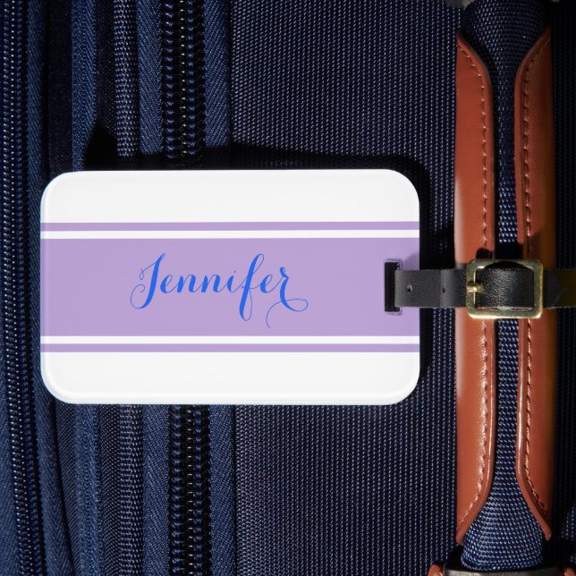 Etiqueta De Bagagem Nome do Script Azul, Lavanda em Branco (Frente Insitu 4)