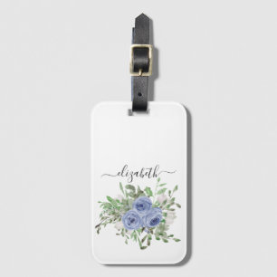 Etiqueta De Bagagem Nome do Script Girly de Cor de Água Floral Azul El