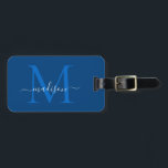 Etiqueta De Bagagem Nome do Script Monograma Branco Azul do Marinho El<br><div class="desc">Etiqueta Na moda Marinho Bag do Script Monograma Azul Branco Azul</div>