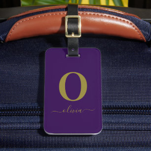 Etiqueta De Bagagem Nome do Script Monograma Personalizado Roxo E Dour