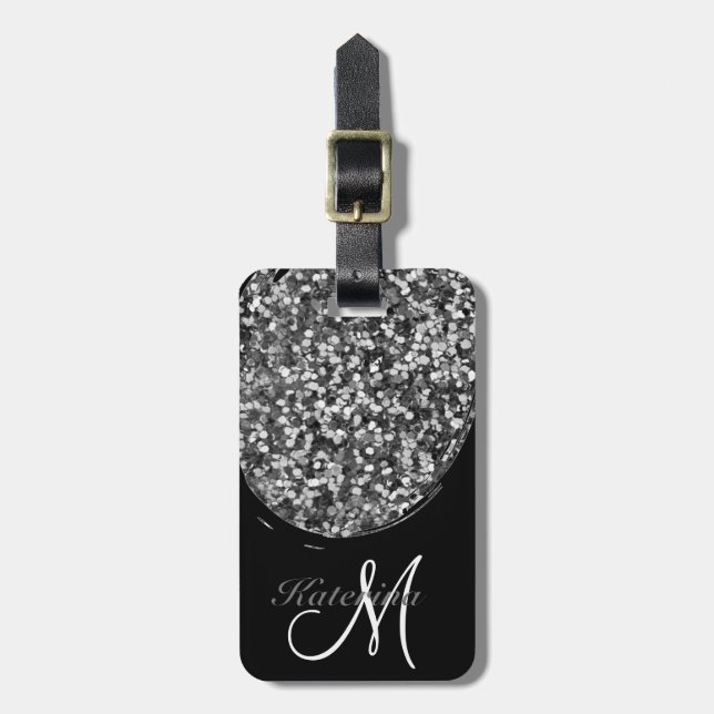 Etiqueta De Bagagem Nome do Sparkle do Silver Negro Personalizado (Frente Vertical)