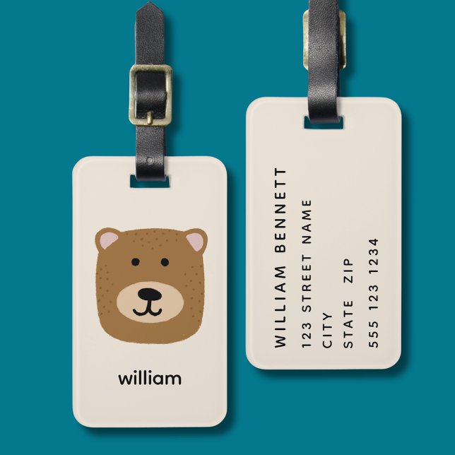 Etiqueta De Bagagem Nome do urso pardo (Bear head luggage tag with personalized address and contact details to rear)