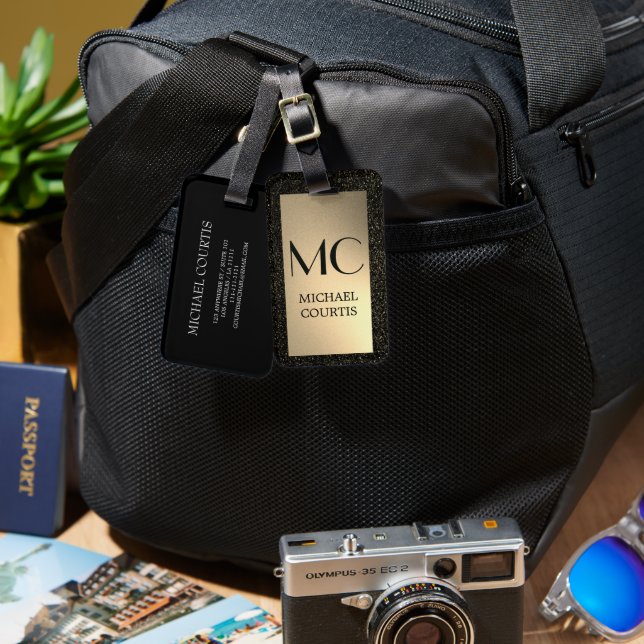 Etiqueta De Bagagem Nome Dourado e preto Metálico Elegante Monograma (Frente e verso)