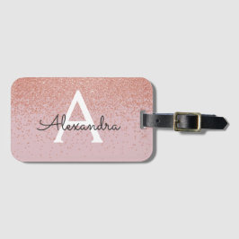 Etiqueta De Bagagem Nome e Inicial Monograma com Brilho em Rose Gold