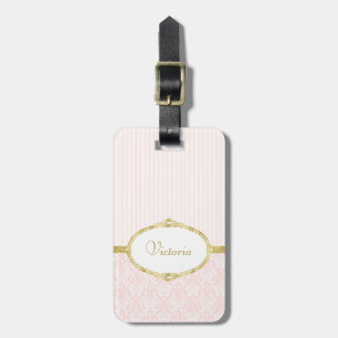 Etiqueta De Bagagem Nome e quadro Dourados do Damasco Rosa Elegante