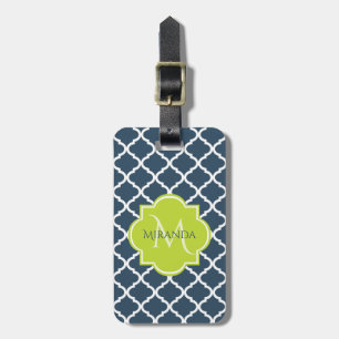 Etiqueta De Bagagem Nome e Quatrefoil Verde do Marinho Elegante Monogr