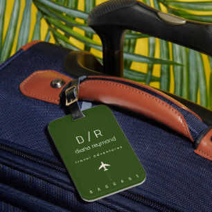 Etiqueta De Bagagem Nome elegante Monograma Verde escuro
