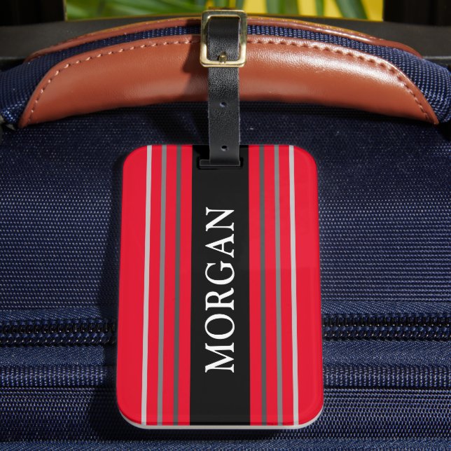 Etiqueta De Bagagem Nome em White, Black & Cinza Stripes, Red (Frente Insitu 2)