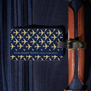 Etiqueta De Bagagem Nome Faux Dourada Aviões Viagem