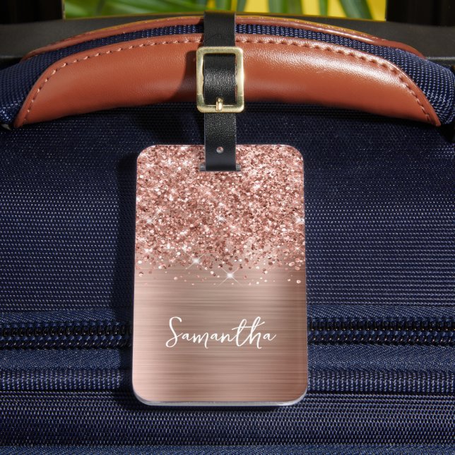 Etiqueta De Bagagem Nome Glam Glittery Rose Gold Script (Frente Insitu 2)