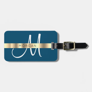 Etiqueta De Bagagem Nome & Grande Monograma, Branco Oceano Azul Dourad