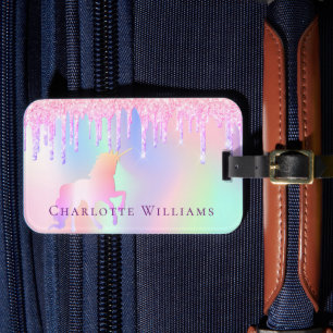 Etiqueta De Bagagem Nome holográfico cor-de-rosa-azul Unicorn