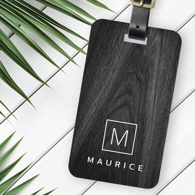 Etiqueta De Bagagem Nome inicial do monograma elegante moderno, madeir (Modern elegant monogram initial name black wood luggage tag)