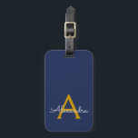 Etiqueta De Bagagem Nome Moderno do Monograma de Script Girly Dourado<br><div class="desc">Monograma Azul Dourado e Marinho Adicionar Travesseiro de Assinatura de Script de Nome Próprio. A etiqueta de mala faz o doce doce presente de 16 anos,  casamento,  chá de panela,  chá de fraldas ou festa de solteira para alguém que ama um estilo elegante e moderno.</div>
