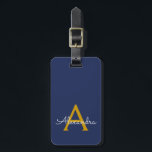 Etiqueta De Bagagem Nome Moderno do Monograma de Script Girly Dourado<br><div class="desc">Monograma Azul Dourado e Marinho Adicionar Travesseiro de Assinatura de Script de Nome Próprio. A etiqueta de mala faz o doce doce presente de 16 anos,  casamento,  chá de panela,  chá de fraldas ou festa de solteira para alguém que ama um estilo elegante e moderno.</div>