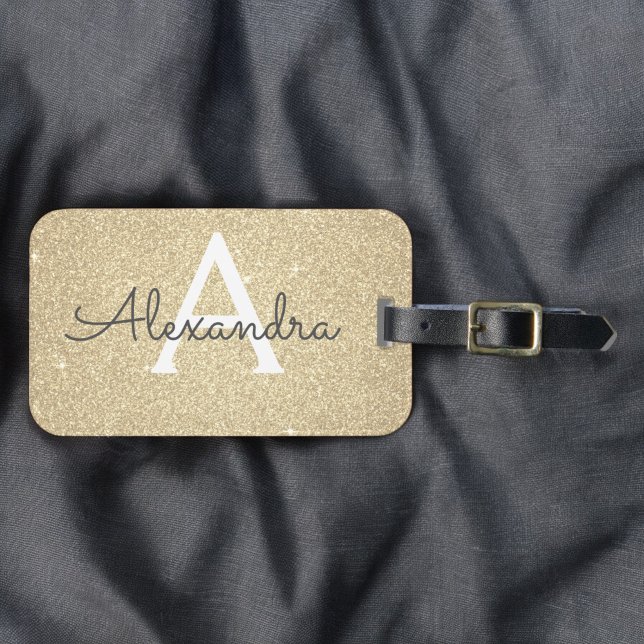 Etiqueta De Bagagem Nome Monograma Brilho Glitter Dourado (Criador carregado)