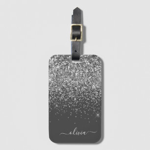 Etiqueta De Bagagem Nome Monograma Brilho Glitter Feminino Cinza Prata