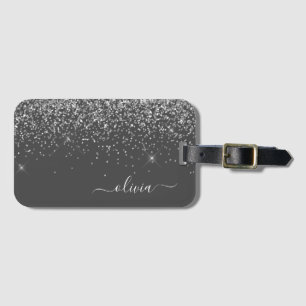 Etiqueta De Bagagem Nome Monograma Brilho Glitter Prateado Cinza Femin